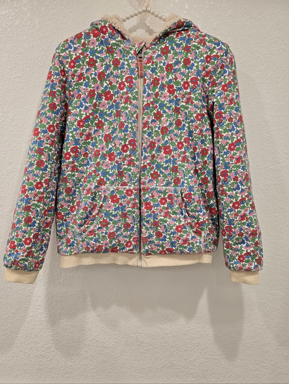 Mini Boden reversible floral Sherpa hoodie 11-12Y